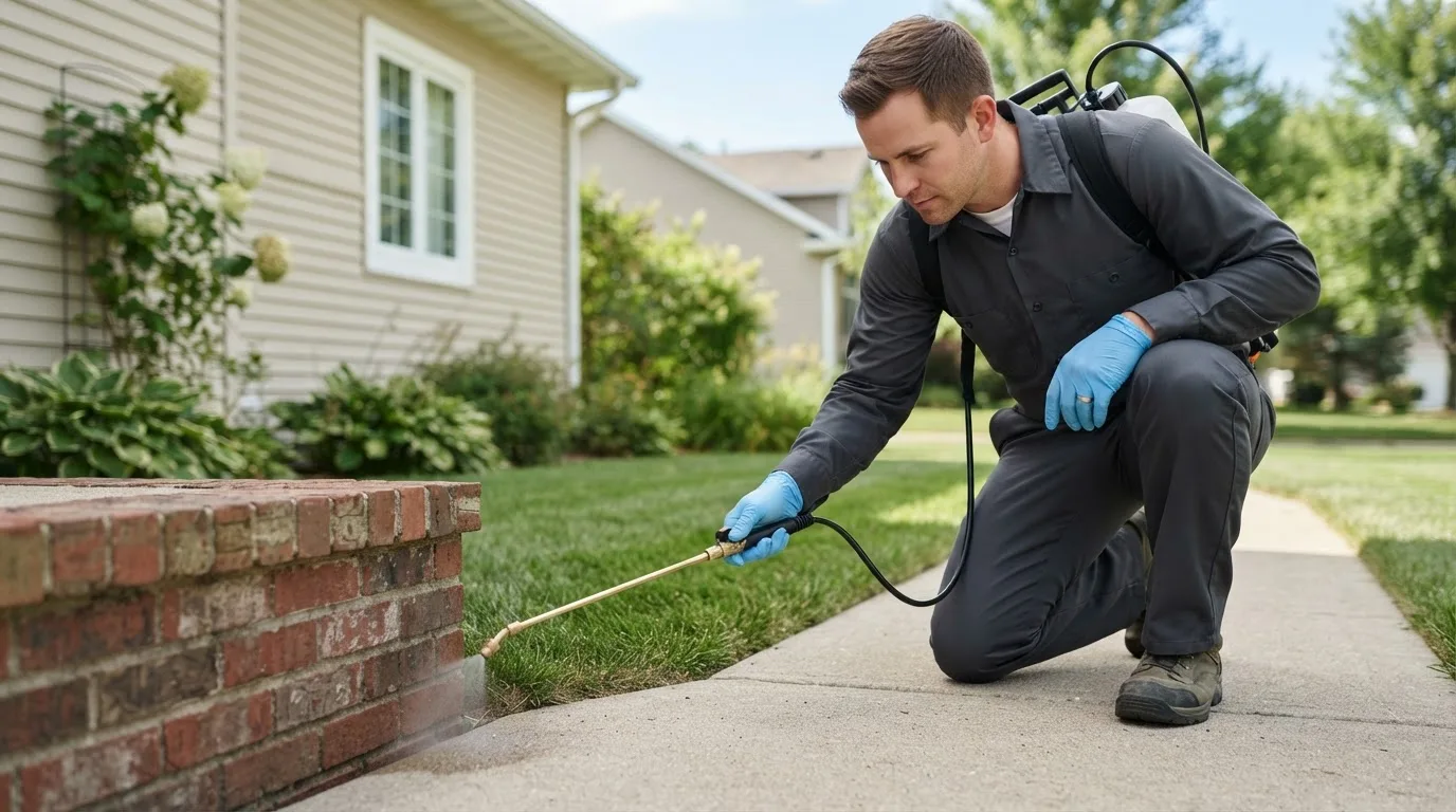 Pest control technician treating a home near Saint Paul, KS